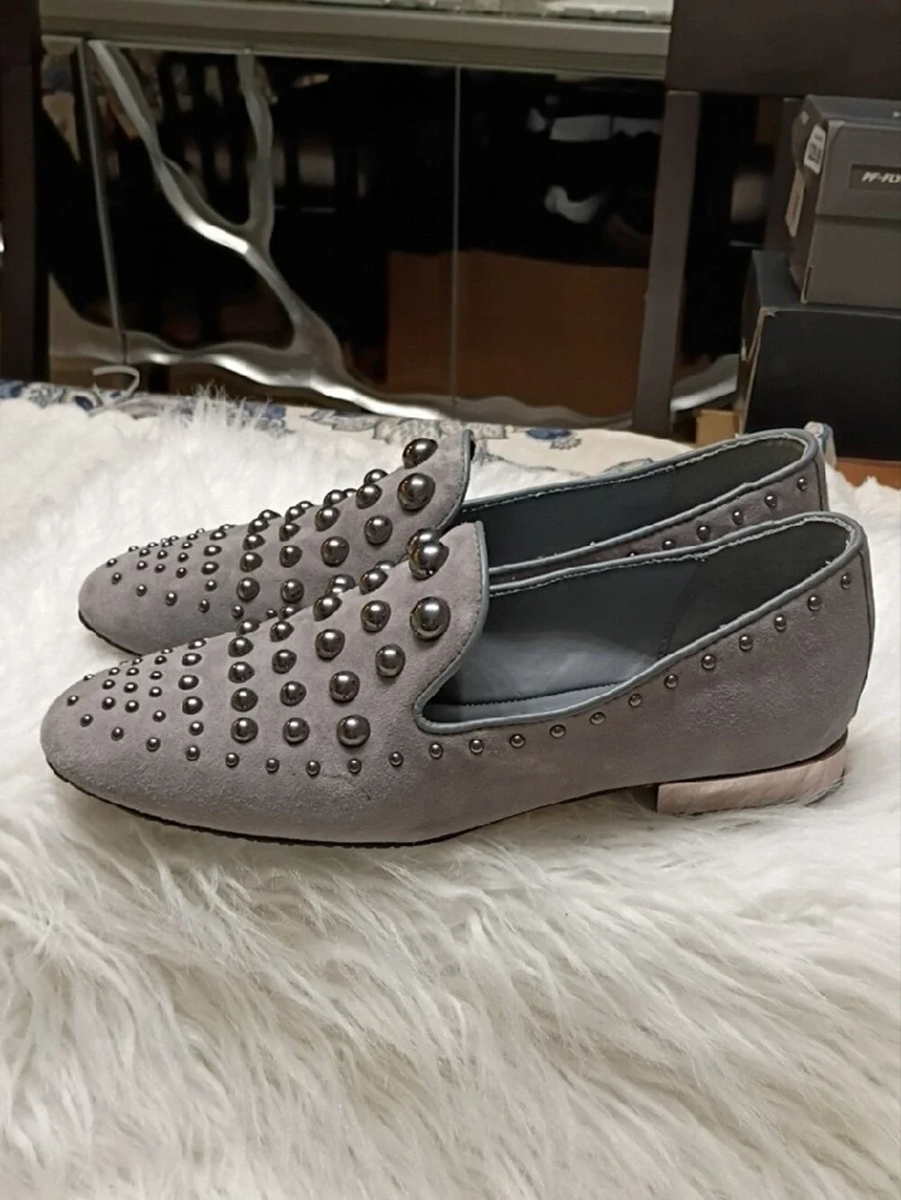 Women's Donald Pliner Rebel 2 Pewter Studded Suede Loafers in Gray 7M